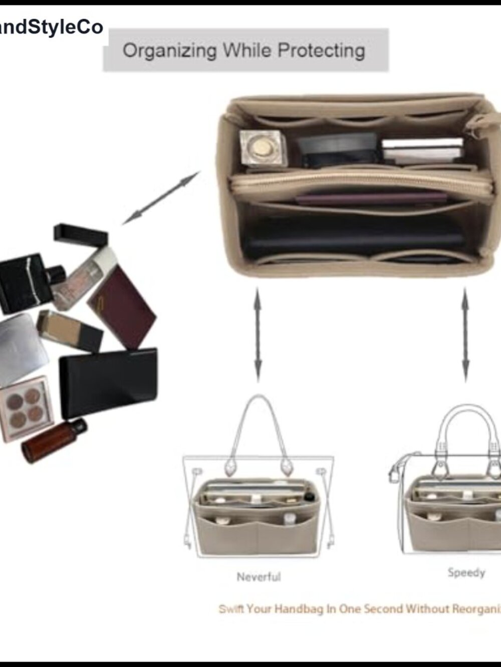 Felt Purse Organizer Insert Handbag Divider with 14 Compartments and Keychain - Picture 5 of 5